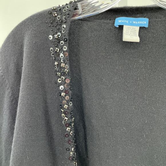 White + Warren Black Silk Blend Beaded Tie Front Cropped Shrug Sweater Size L - Picture 5 of 9